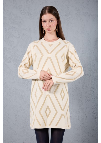 Kadın Ekru Yan Yırtmaçlı Bisiklet Yaka Sim Desenli Triko Bluz fiyatları