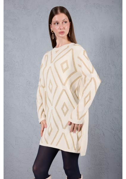 Kadın Ekru Yan Yırtmaçlı Bisiklet Yaka Sim Desenli Triko Bluz modelleri