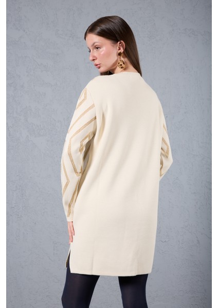 Kadın Ekru Yan Yırtmaçlı Bisiklet Yaka Sim Desenli Triko Bluz fırsatları