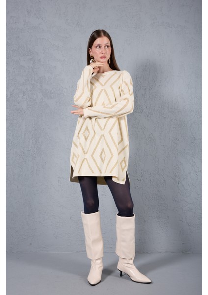 Kadın Ekru Yan Yırtmaçlı Bisiklet Yaka Sim Desenli Triko Bluz indirimleri