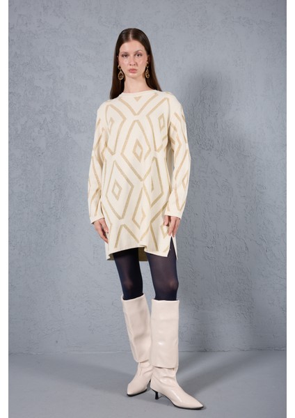 Kadın Ekru Yan Yırtmaçlı Bisiklet Yaka Sim Desenli Triko Bluz