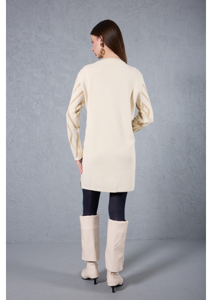 Kadın Ekru Yan Yırtmaçlı Bisiklet Yaka Sim Desenli Triko Bluz