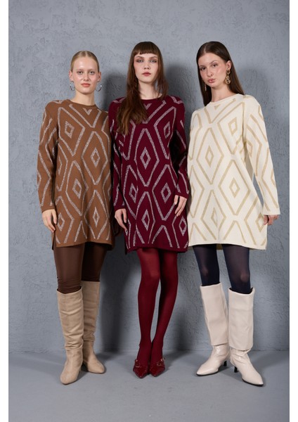 Kadın Ekru Yan Yırtmaçlı Bisiklet Yaka Sim Desenli Triko Bluz