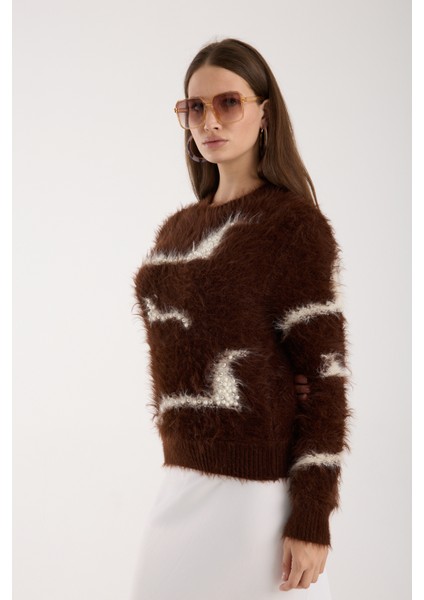 Kadın Acı Kahve Sakal Iplik Inci Detaylı Bisiklet Yaka Triko Kazak modelleri