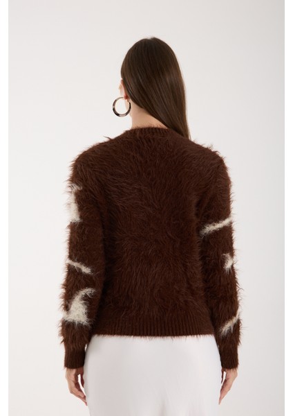 Kadın Acı Kahve Sakal Iplik Inci Detaylı Bisiklet Yaka Triko Kazak