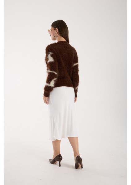 Kadın Acı Kahve Sakal Iplik Inci Detaylı Bisiklet Yaka Triko Kazak