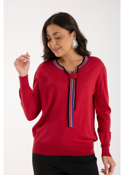 Kadın Kırmızı Elit Viskon Kumaş Kontrast Şeritli Bisiklet Yaka Triko Bluz