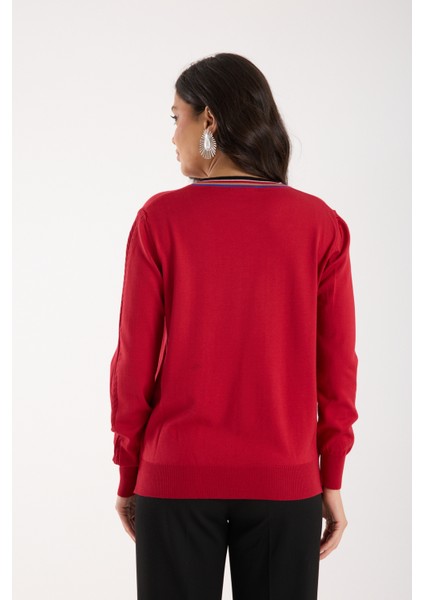 Kadın Kırmızı Elit Viskon Kumaş Kontrast Şeritli Bisiklet Yaka Triko Bluz