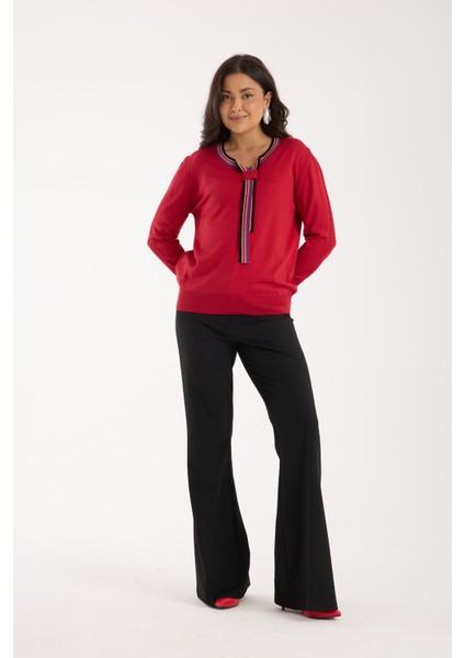 Kadın Kırmızı Elit Viskon Kumaş Kontrast Şeritli Bisiklet Yaka Triko Bluz