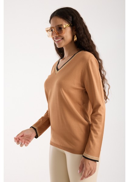 Kadın Bej Elit Viskon Kumaş Kontrast Sim Biyeli V Yaka Triko Bluz modelleri