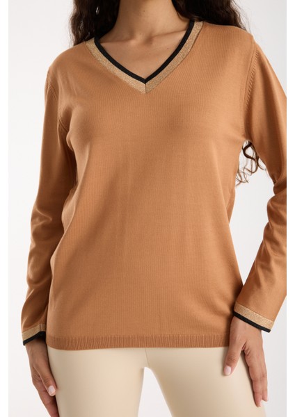 Kadın Bej Elit Viskon Kumaş Kontrast Sim Biyeli V Yaka Triko Bluz indirimleri