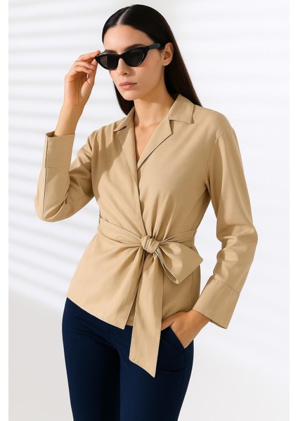 Saten Kruvaze Yaka Yandan Bağlamalı Gömlek Bluz