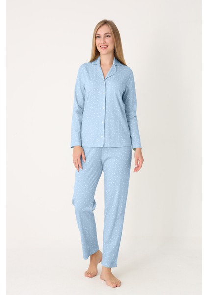 Mavi Moon And Stars Önden Düğmeli Pijama Takım