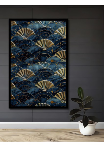 Altın Yaldızlı Fan Desenli Yağlı Boya Görünümlü Dekoratif Ahşap Tablo Dikdörtgen Tablo fiyatları