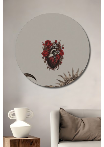 Gül Kalpli Çizim Güneş Ay Yüzü Ahşap Dekoratif Tablo Yuvarlak Tablo