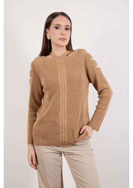 Kadın Bej Omuzları Kesik Detaylı Reglan Kollu Simli Triko Kazak fiyatları