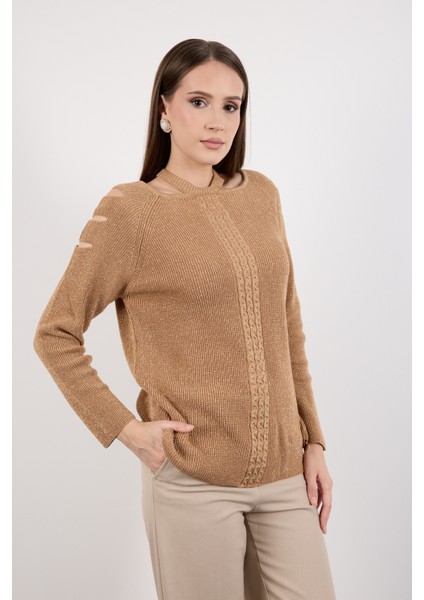 Kadın Bej Omuzları Kesik Detaylı Reglan Kollu Simli Triko Kazak modelleri