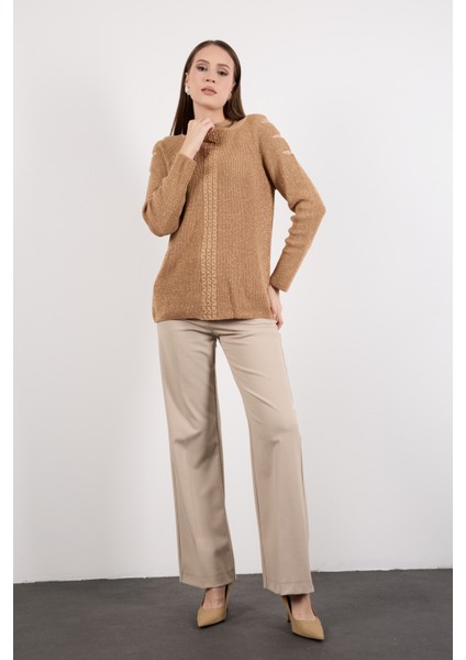 Kadın Bej Omuzları Kesik Detaylı Reglan Kollu Simli Triko Kazak