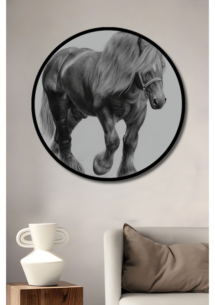 Atın Asil Yürüyüşü Kara Kalem Görünümlü Dekoratif Ahşap Tablo Yuvarlak Tablo fiyatları