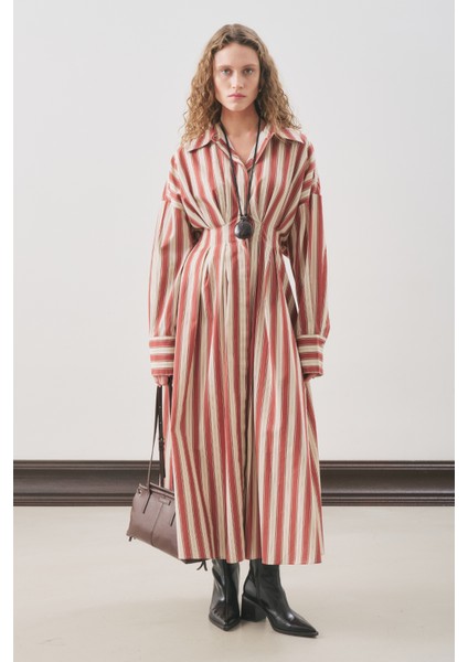 Pile Detaylı Gömlek Elbise Kiremit Çizgili