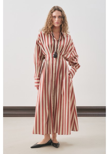 Pile Detaylı Gömlek Elbise Kiremit Çizgili fiyatları