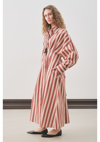Pile Detaylı Gömlek Elbise Kiremit Çizgili modelleri