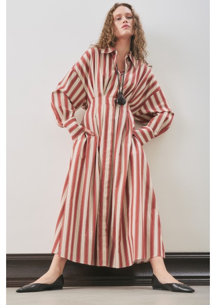Pile Detaylı Gömlek Elbise Kiremit Çizgili indirimleri