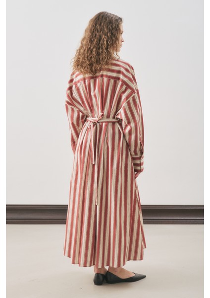 Pile Detaylı Gömlek Elbise Kiremit Çizgili