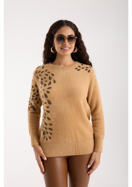 Kadın Bej Sakal Iplik Boncuk Nakışlı Bisiklet Yaka Triko Bluz fiyatları