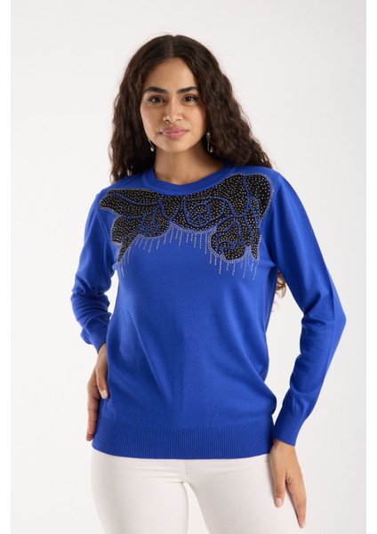 Kadın Saks Mavisi Elit Viskon Kumaş Taş Detaylı Bisiklet Yaka Triko Bluz