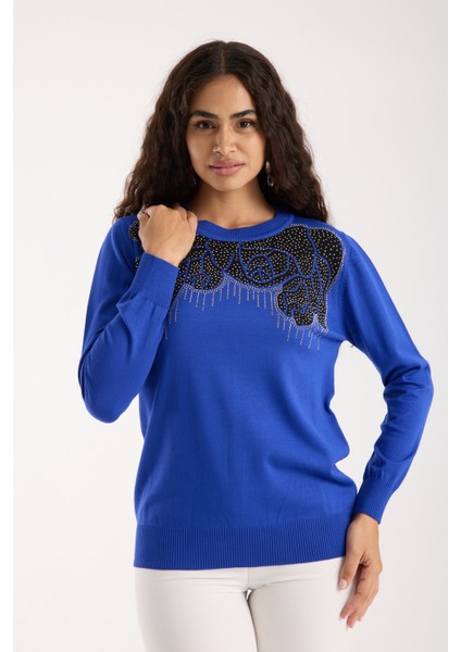 Kadın Saks Mavisi Elit Viskon Kumaş Taş Detaylı Bisiklet Yaka Triko Bluz fiyatları