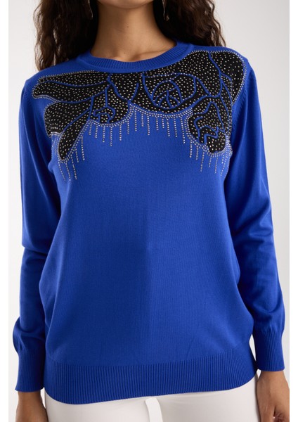 Kadın Saks Mavisi Elit Viskon Kumaş Taş Detaylı Bisiklet Yaka Triko Bluz modelleri