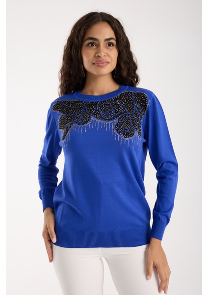 Kadın Saks Mavisi Elit Viskon Kumaş Taş Detaylı Bisiklet Yaka Triko Bluz fırsatları