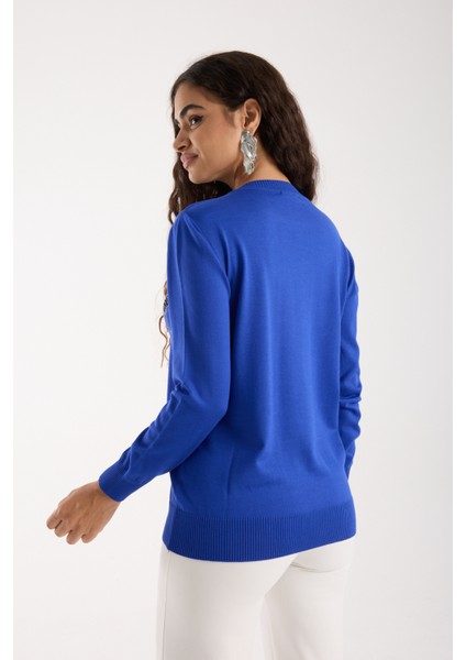 Kadın Saks Mavisi Elit Viskon Kumaş Taş Detaylı Bisiklet Yaka Triko Bluz indirimleri