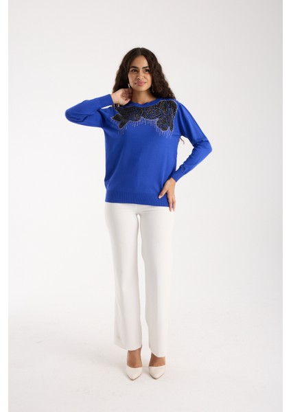 Kadın Saks Mavisi Elit Viskon Kumaş Taş Detaylı Bisiklet Yaka Triko Bluz