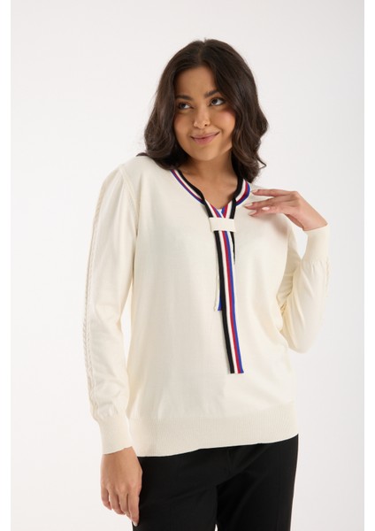 Kadın Ekru Elit Viskon Kumaş Kontrast Şeritli Bisiklet Yaka Triko Bluz modelleri