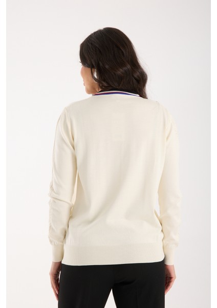 Kadın Ekru Elit Viskon Kumaş Kontrast Şeritli Bisiklet Yaka Triko Bluz