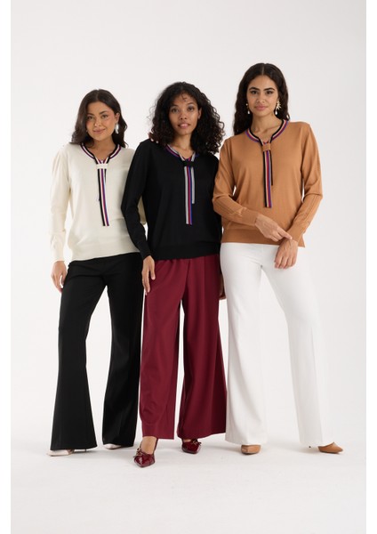 Kadın Ekru Elit Viskon Kumaş Kontrast Şeritli Bisiklet Yaka Triko Bluz