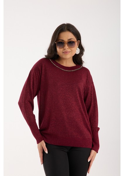 Kadın Bordo Viskon Vortex Iplik Taş Detaylı Bisiklet Yaka Simli Triko Bluz