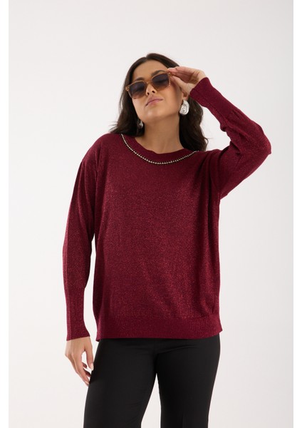 Kadın Bordo Viskon Vortex Iplik Taş Detaylı Bisiklet Yaka Simli Triko Bluz fiyatları