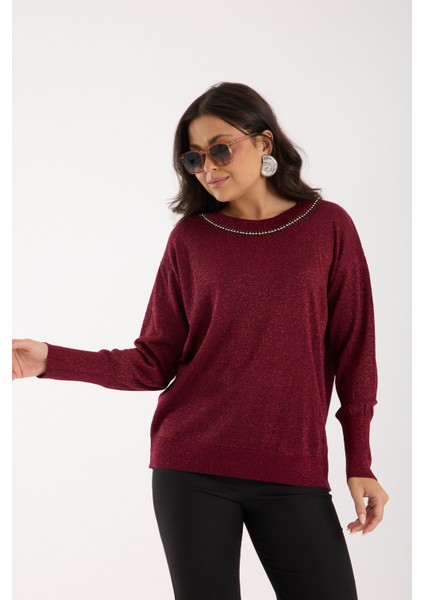 Kadın Bordo Viskon Vortex Iplik Taş Detaylı Bisiklet Yaka Simli Triko Bluz fırsatları