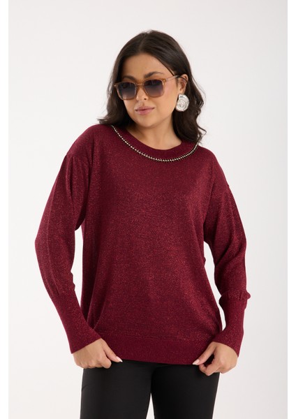 Kadın Bordo Viskon Vortex Iplik Taş Detaylı Bisiklet Yaka Simli Triko Bluz indirimleri