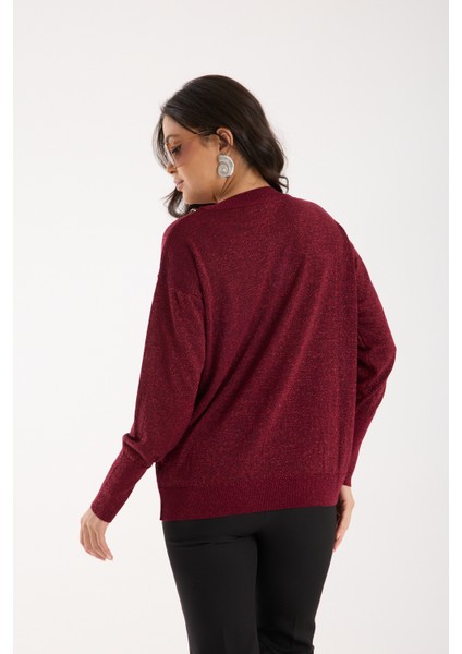 Kadın Bordo Viskon Vortex Iplik Taş Detaylı Bisiklet Yaka Simli Triko Bluz