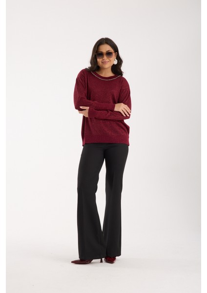 Kadın Bordo Viskon Vortex Iplik Taş Detaylı Bisiklet Yaka Simli Triko Bluz