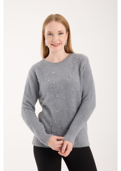 Kadın Gri Bisiklet Yaka Taş ve Inci Işlemeli Triko Kazak
