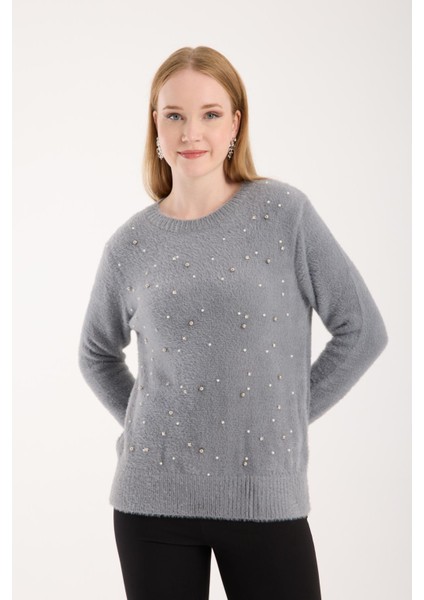 Kadın Gri Bisiklet Yaka Taş ve Inci Işlemeli Triko Kazak fiyatları