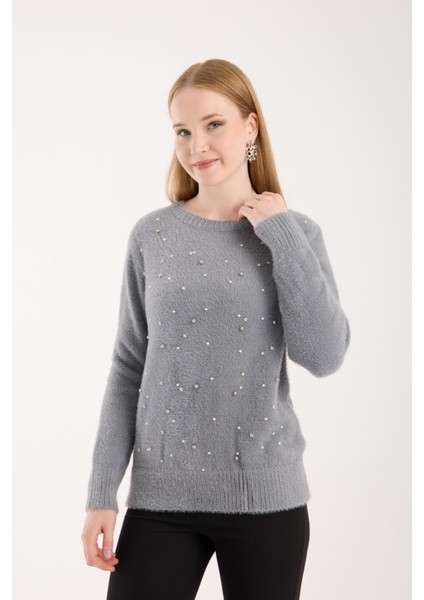 Kadın Gri Bisiklet Yaka Taş ve Inci Işlemeli Triko Kazak indirimleri