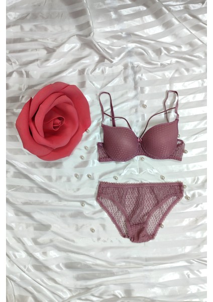 Beyaz Pembe Tül Detaylı Noktalı Kaplı Desteksiz Sütyen Külot Takım