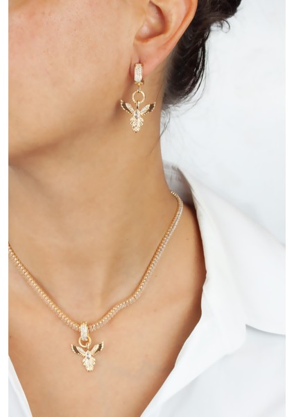 Baget Zirkon Taşlı Anka Kuş Figür Kolye Küpe Set