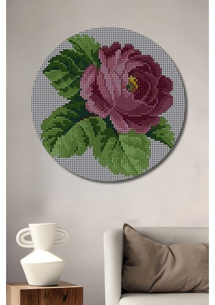 Ahşap Dekoratif Tablo Kanaviçe Çiçek Desenli Gül Bahçesi Yuvarlak Tablo